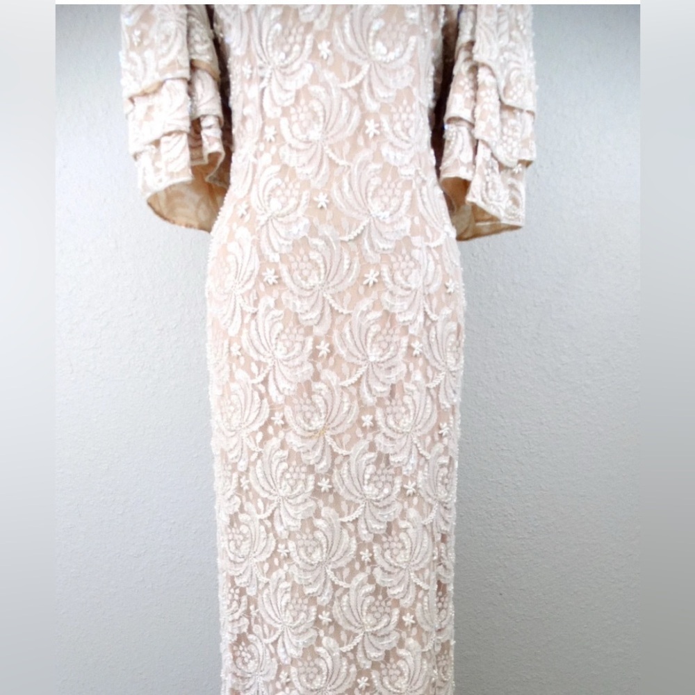 VTG Nude Beige Lace Pearl Beaded Dress- UPDATED PHOTOS w MEASUREMENTS - Picture 16 of 16